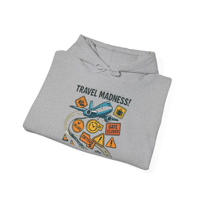 Travel Madness Hoodie — Graphic Travel Icons & Passport Stamps Sweatshirt