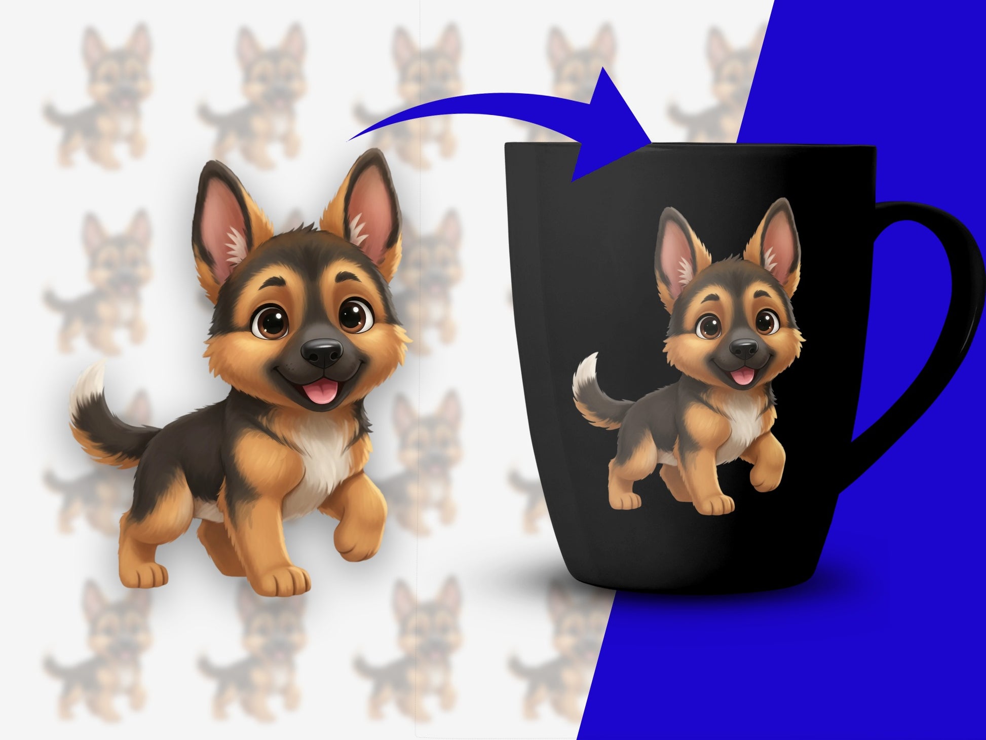 Cute German Shepherd Puppy Coffee Mug, Cartoon Dog Lover Gift, Black Ceramic Cup