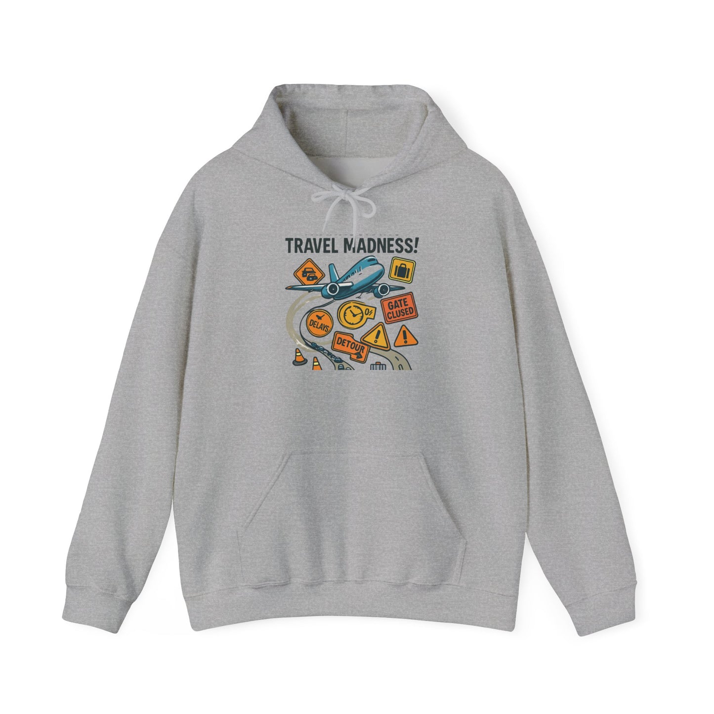 Travel Madness Hoodie — Graphic Travel Icons & Passport Stamps Sweatshirt