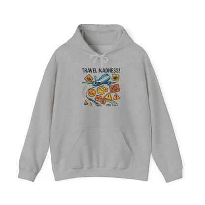 Travel Madness Hoodie — Graphic Travel Icons & Passport Stamps Sweatshirt