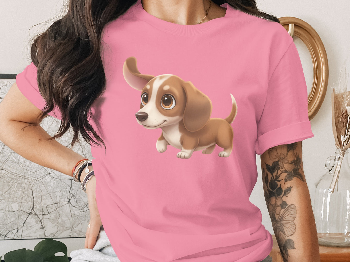 Cute Cartoon Brown Dog Print Pink T-shirt Product