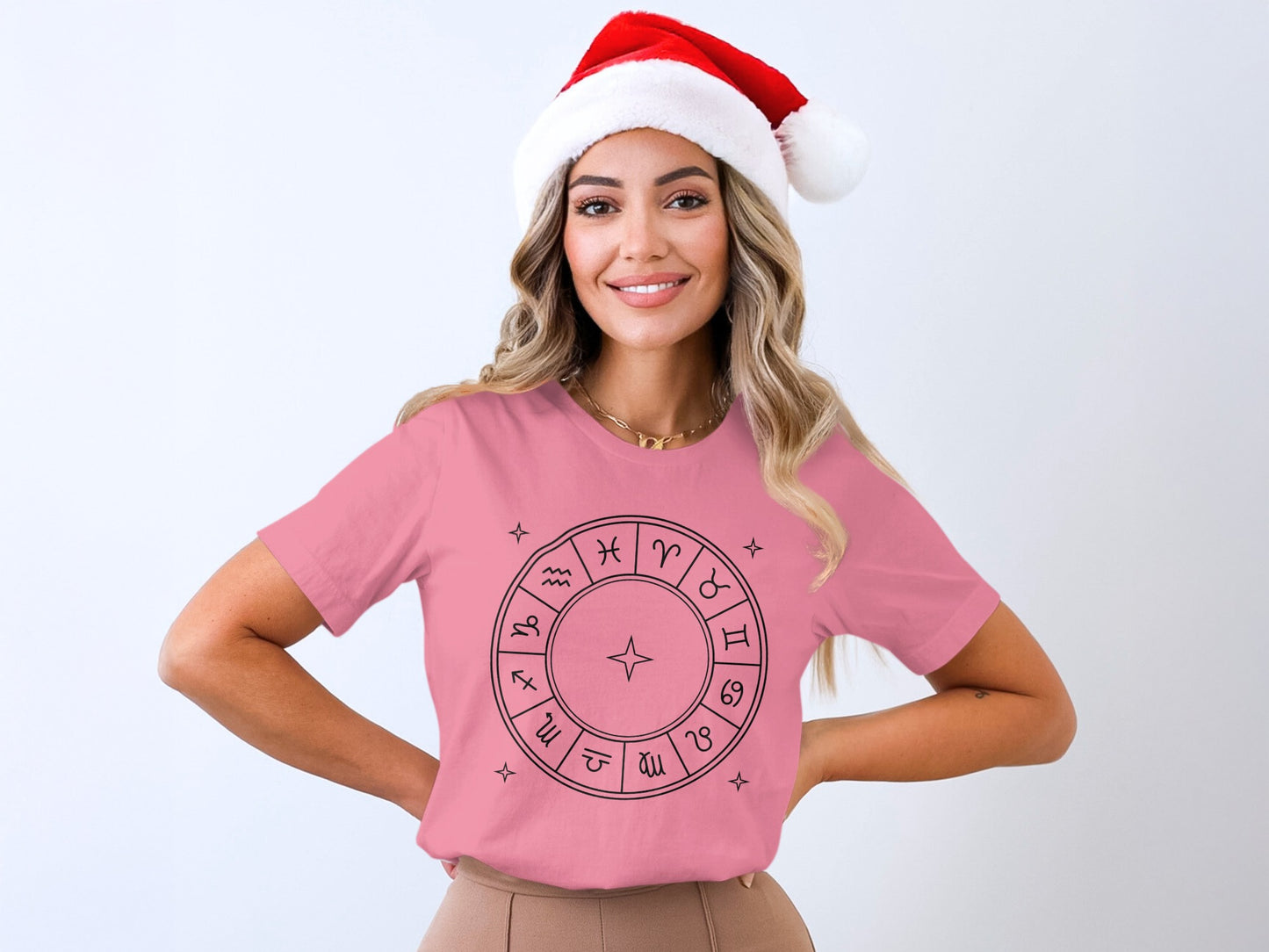 Zodiac Signs Print T-Shirt with Festive Santa Hat