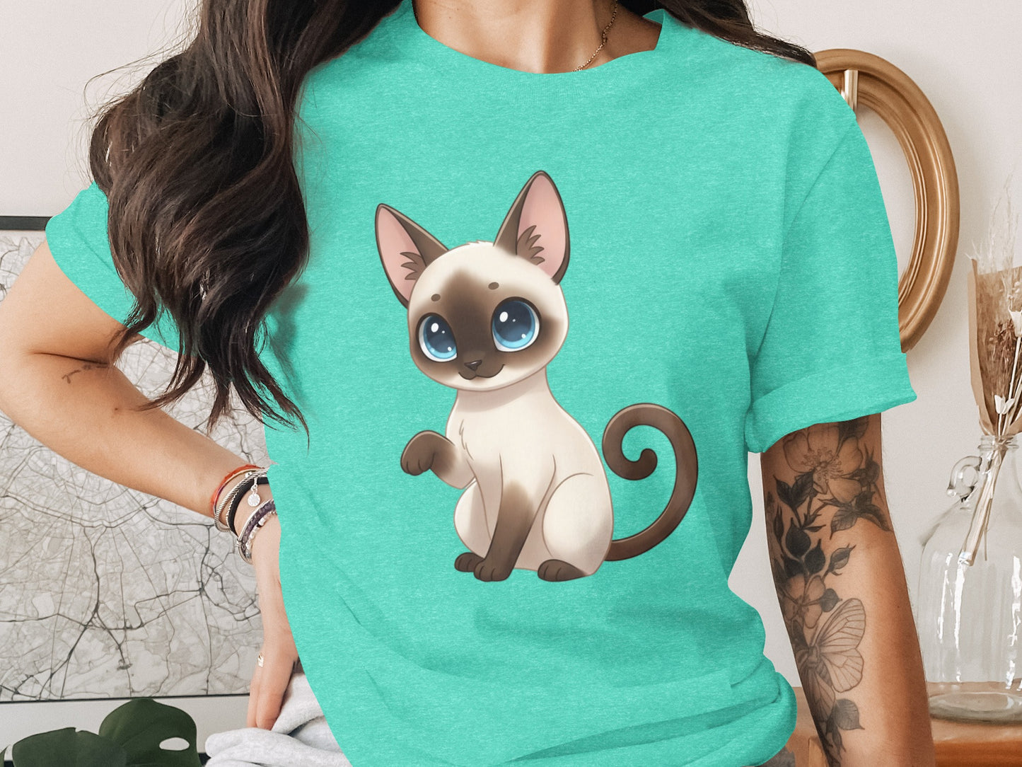 Cute Cartoon Cat Print Casual Green T-shirt