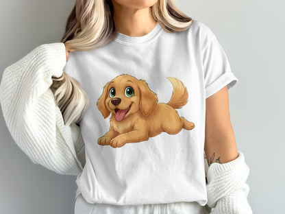 Cute Golden Retriever Puppy Graphic T-Shirt, Cartoon Dog Design, Unisex Casual Tee, Animal Lover Gift, Soft Cotton Top, Pet Illustration