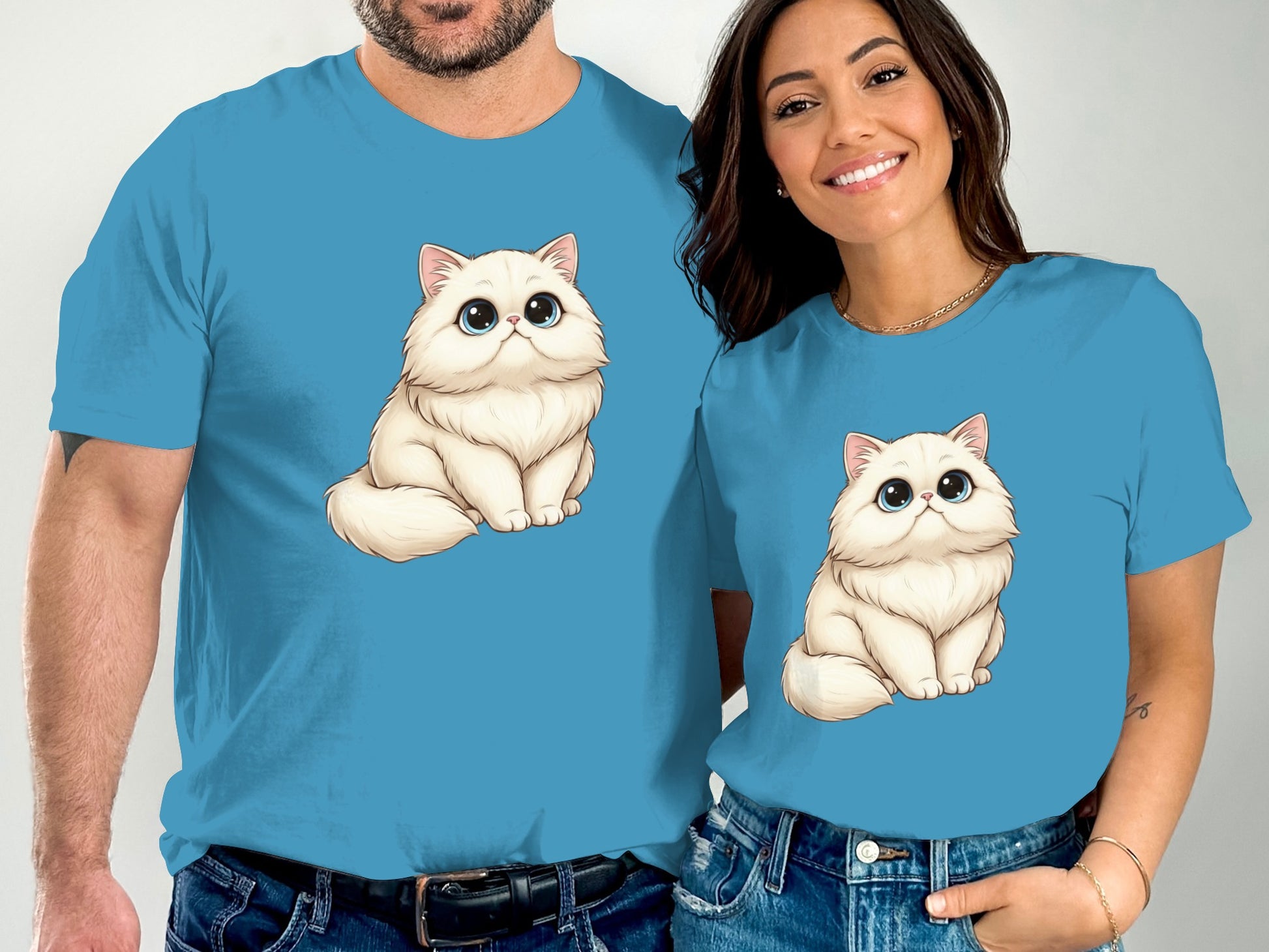 Adorable Fluffy Kitten Print on Blue T-shirt