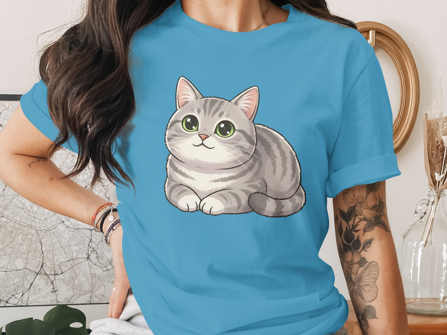 Cute Cat Graphic Design Blue Shirt Product