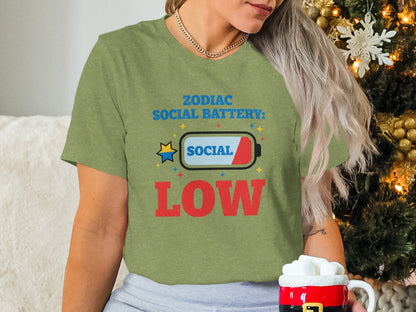 Zodiac Social Battery Low Funny Casual T-Shirt