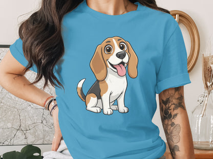 Animated Beagle Dog Graphic on Women's Blue T-shirt
