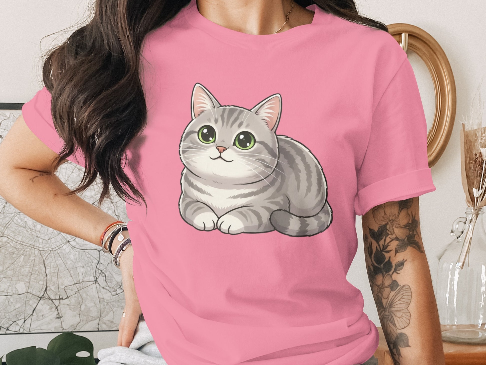 Cute Gray Cat Illustration on Pink T-Shirt Apparel