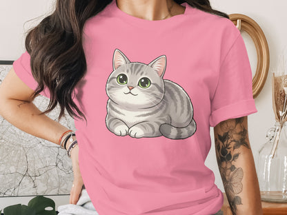 Cute Gray Cat Illustration on Pink T-Shirt Apparel