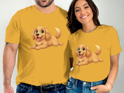 Happy Golden Retriever Puppy Lying Down Design T-Shirt Mug Tote Bag Sticker