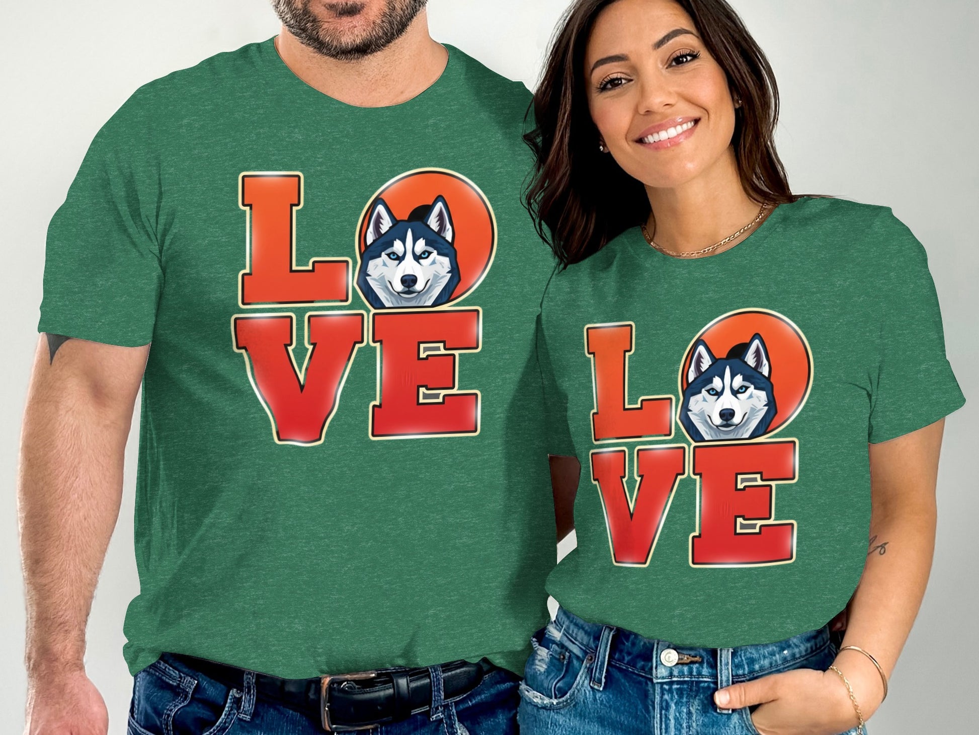 Love Huskies Graphic Green Matching Couple Shirt product