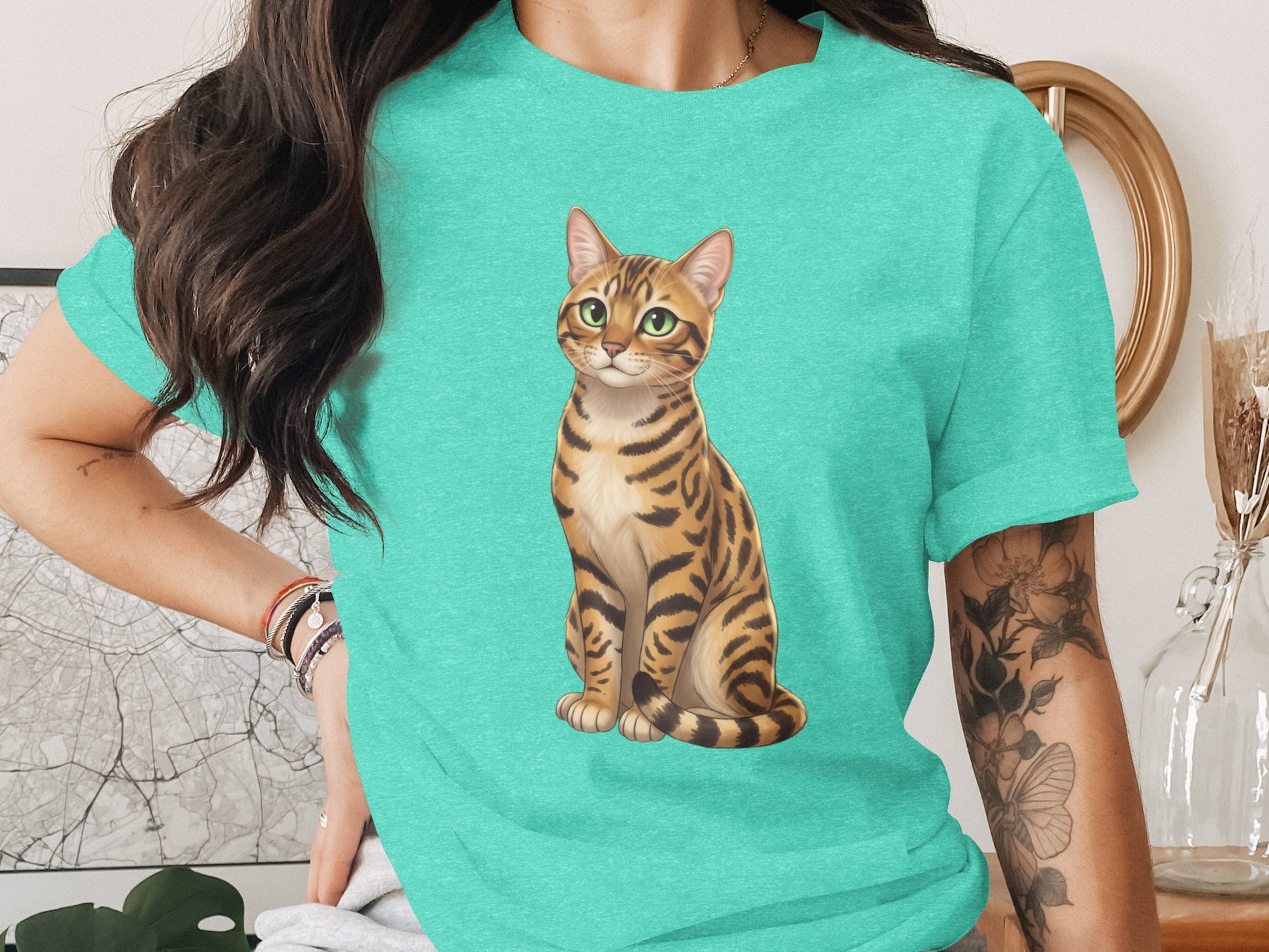 Cute Illustrated Bengal Cat Printed T-Shirt for Cat Lovers