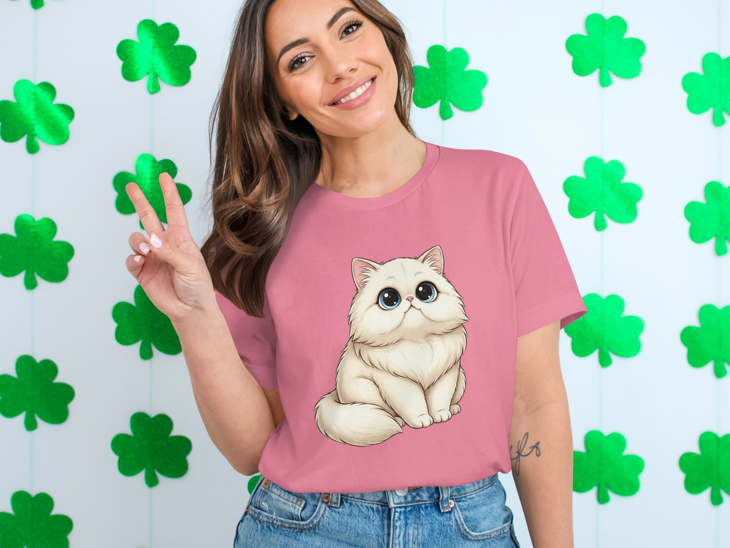 Cute Fluffy Cat with Shamrocks Background T-shirt