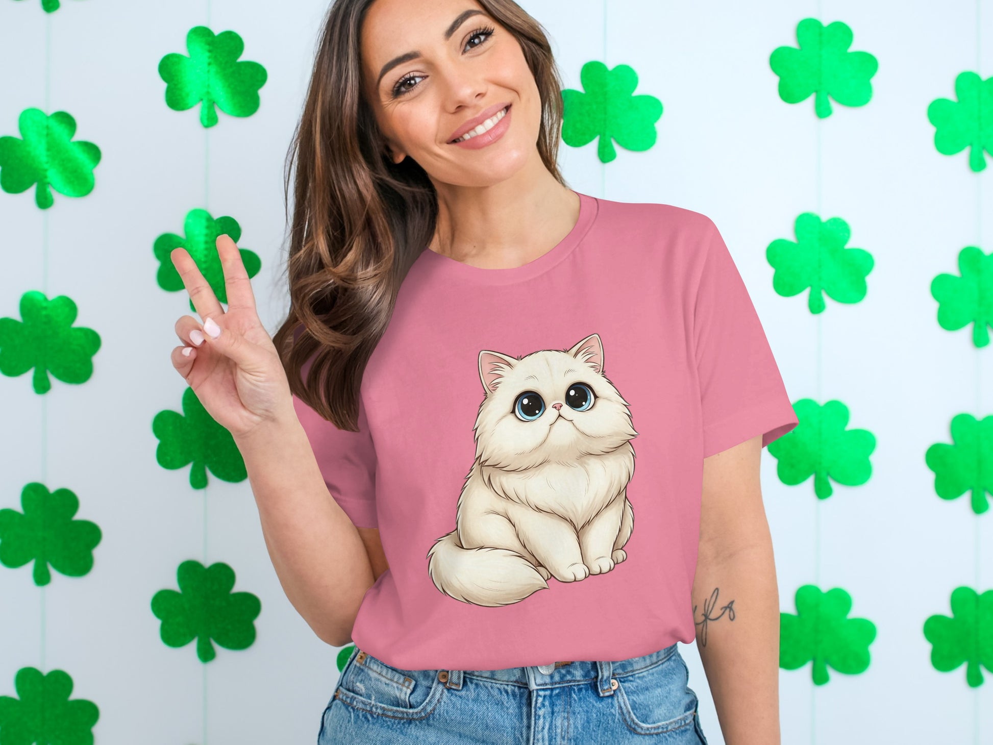 Cute Fluffy Cat with Shamrocks Background T-shirt