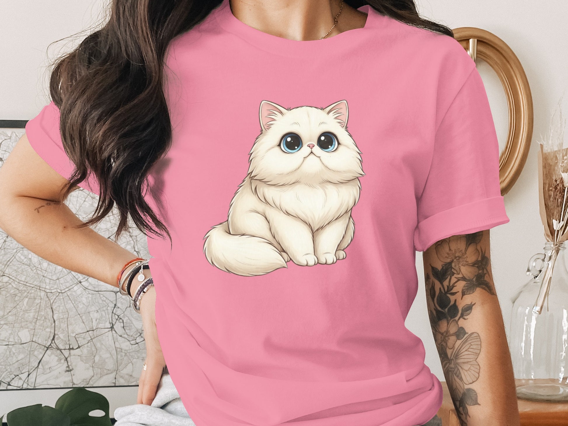 Adorable Cartoon White Cat Shirt with Big Eyes