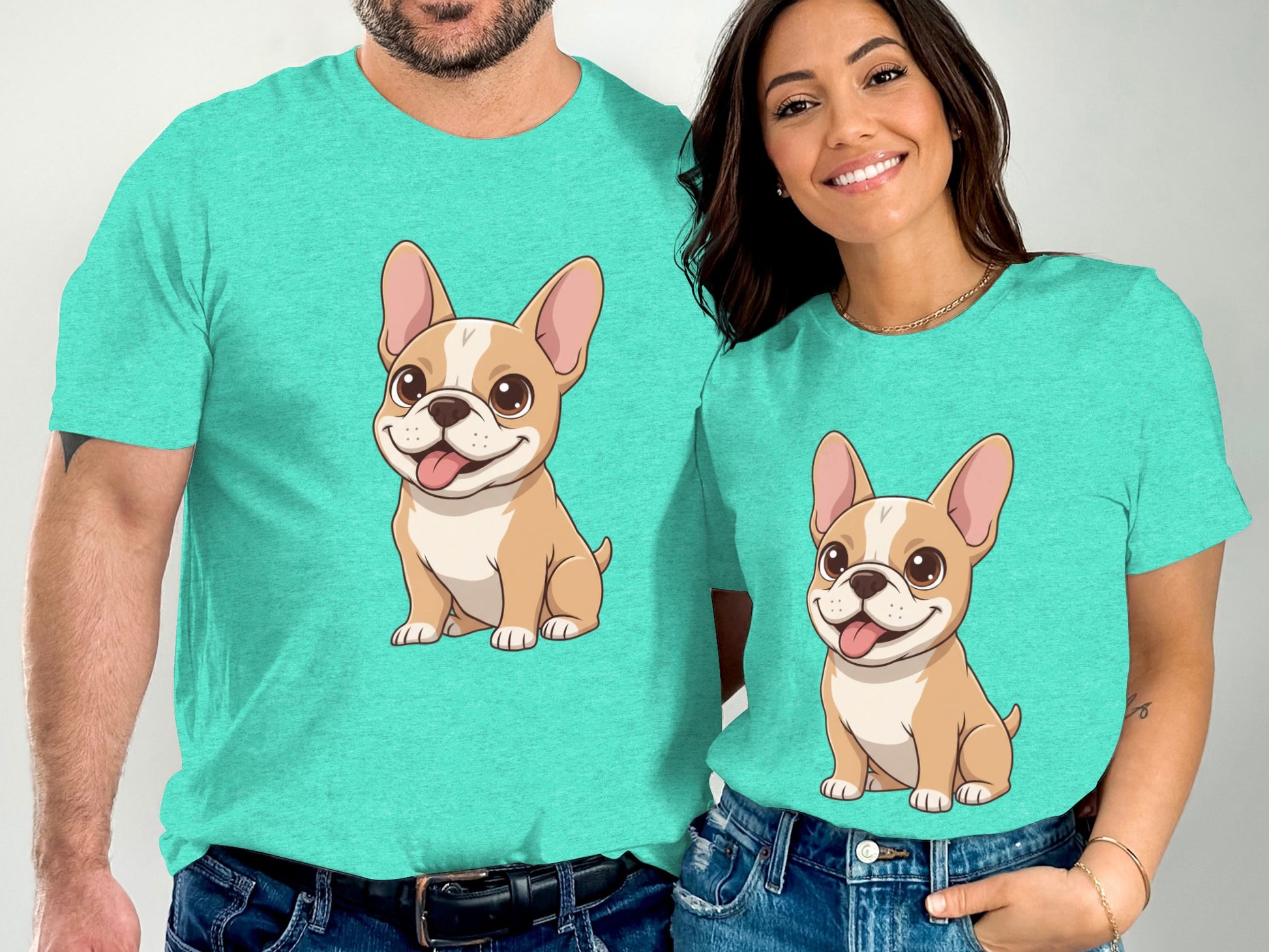 Adorable French Bulldog Print on Teal Unisex T-Shirts