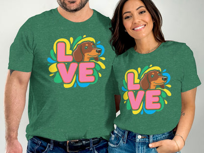 Colorful Love Dog Graphic on Green Shirt product type