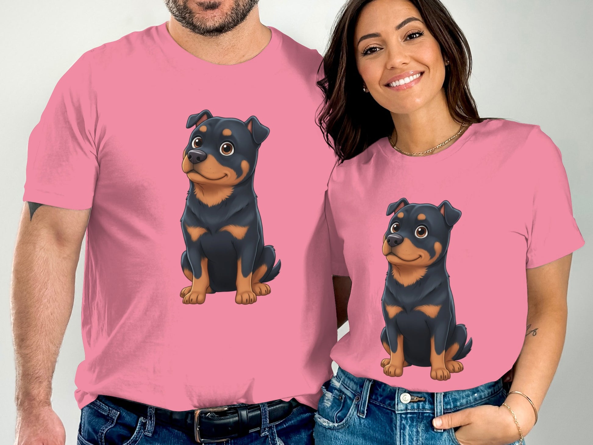 Cute Cartoon Rottweiler Print Matching Couples T-Shirt