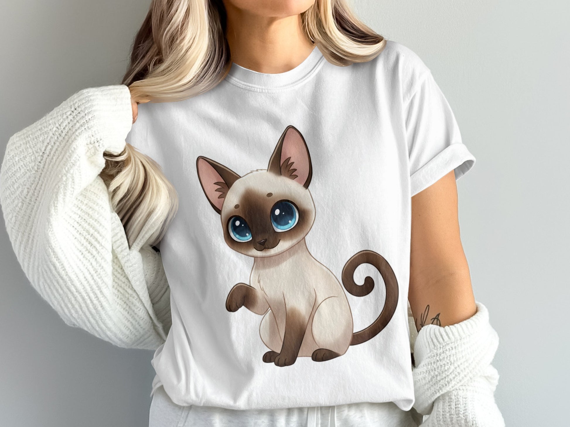 Cute Siamese Cat T-Shirt, Cartoon Cat Graphic Tee, Casual Women's White Shirt, Soft Cotton Animal Print Top