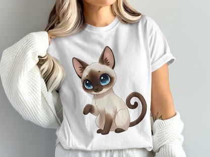 Cute Siamese Cat T-Shirt, Cartoon Cat Graphic Tee, Casual Women's White Shirt, Soft Cotton Animal Print Top