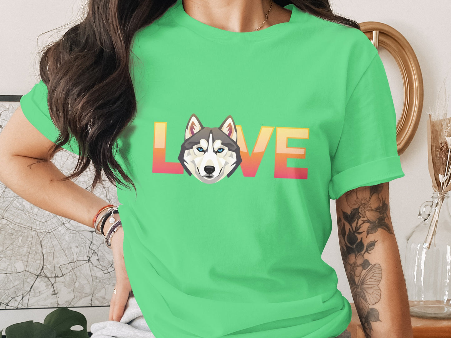 Vibrant green LOVE husky graphic tee shirt product