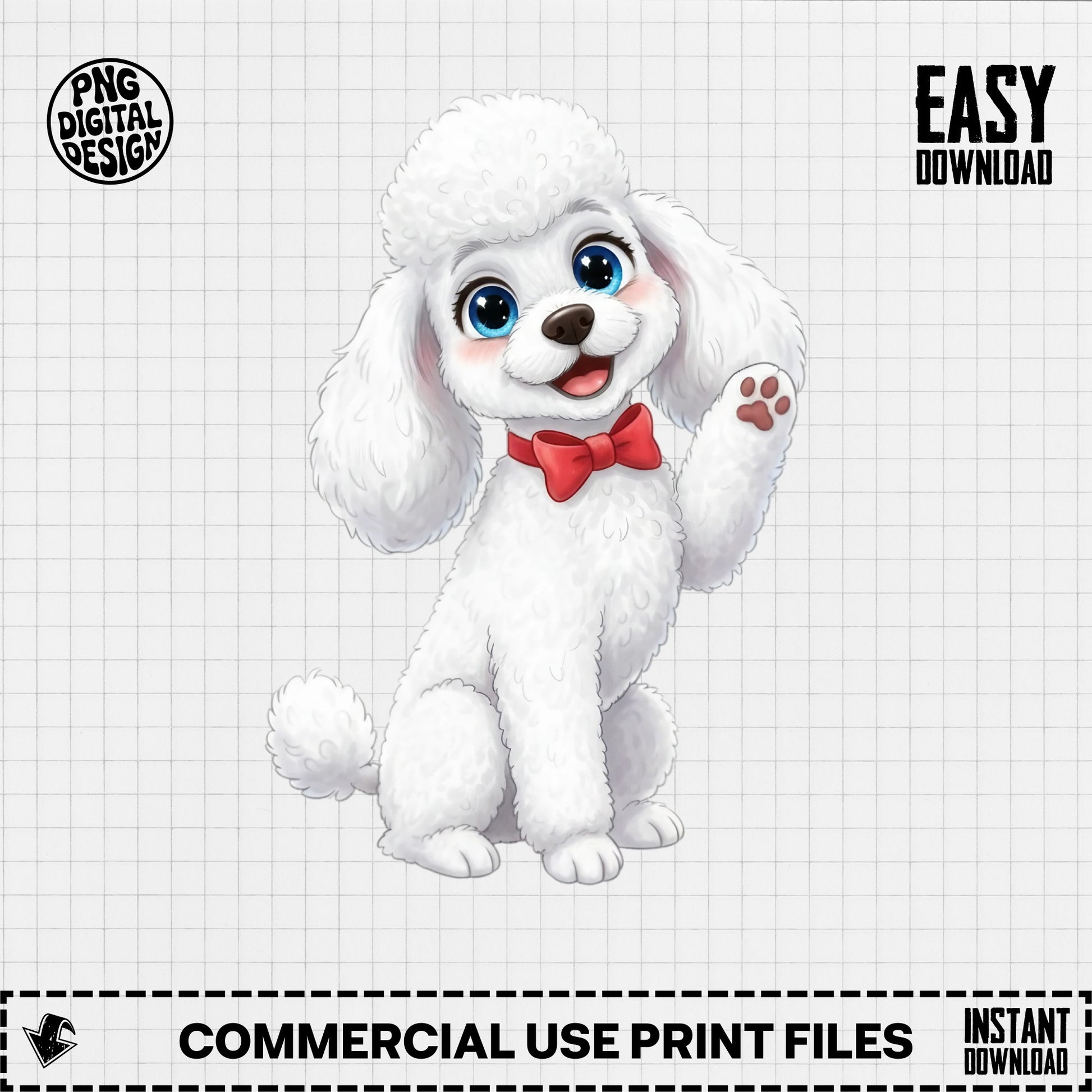 Cute White Poodle Puppy Digital Art, Cartoon Dog PNG, Instant Download, Pet Print Design, Commercial Use, Clipart for T-Shirts and Mugs