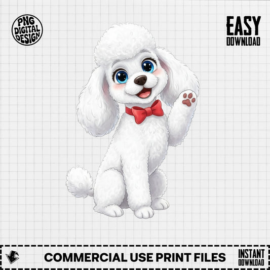 Cute White Poodle Puppy Digital Art, Cartoon Dog PNG, Instant Download, Pet Print Design, Commercial Use, Clipart for T-Shirts and Mugs