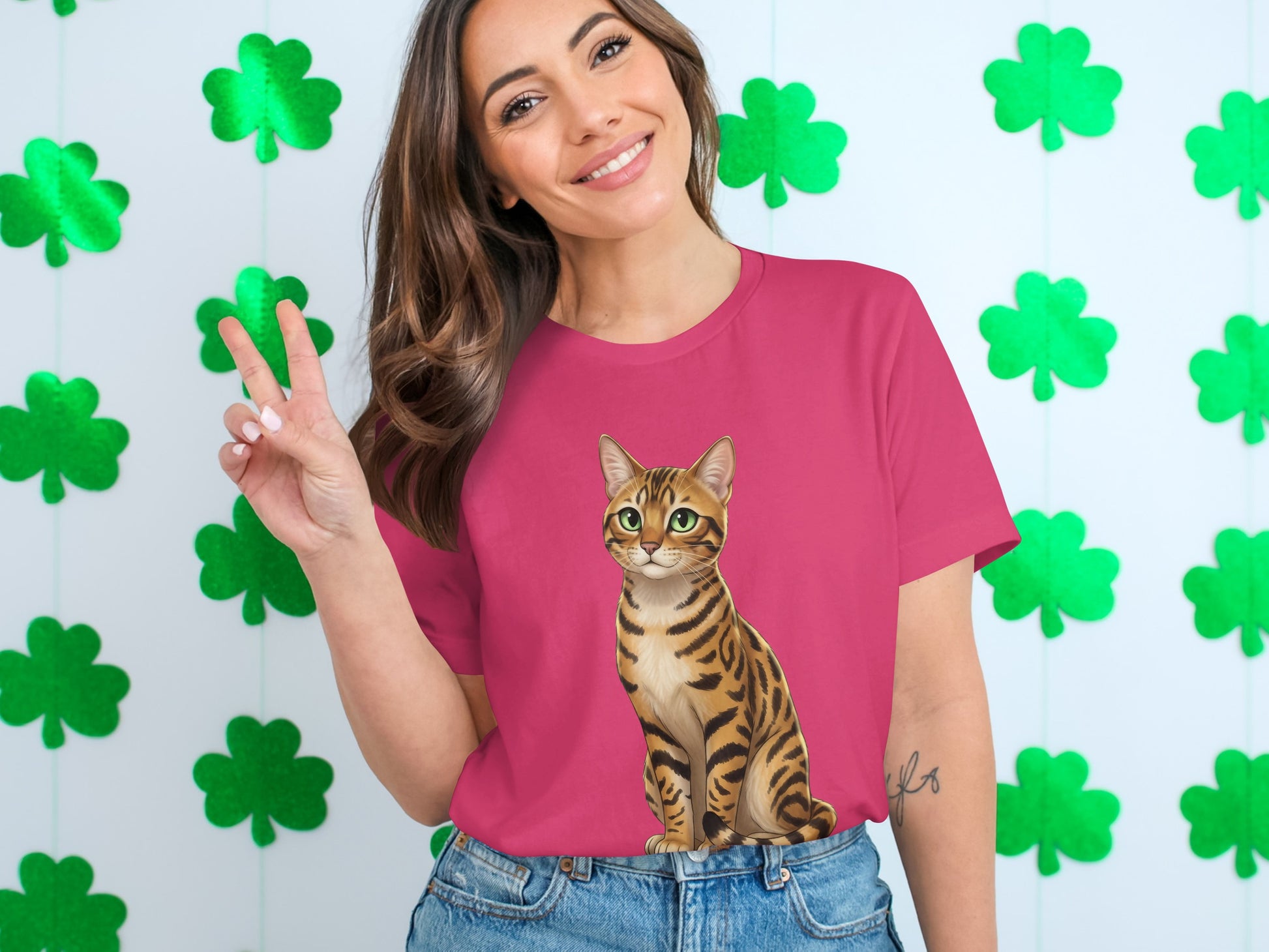 Cute T-shirt with Adorable Cat and Green Shamrocks Design