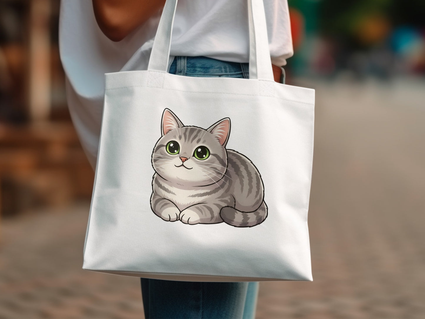Cute Gray Tabby Cat Tote Bag, Durable Canvas Shopper, Animal Lover Gift, Casual Shoulder Bag