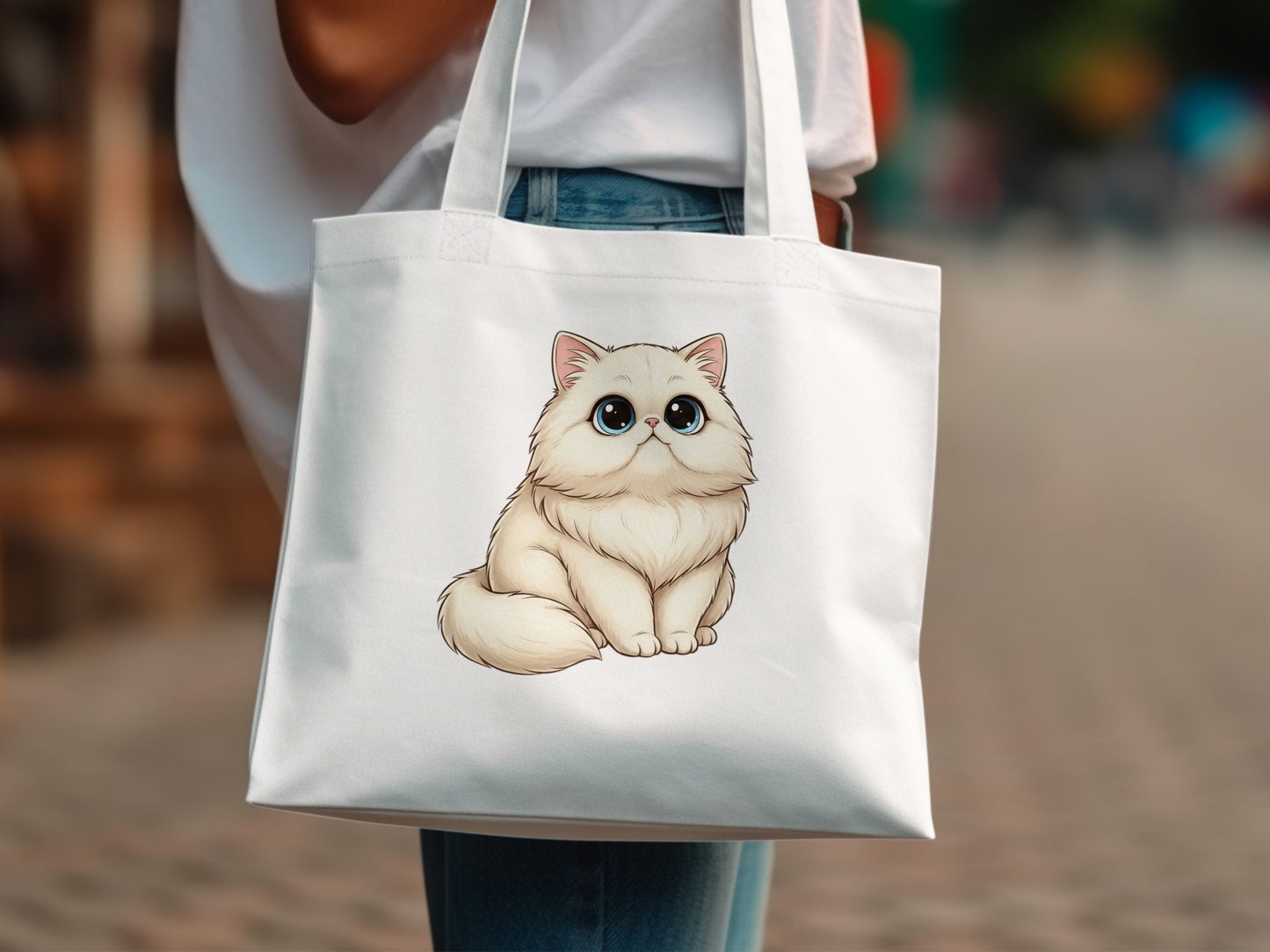 Cute Cat Tote Bag, Canvas Shopping Bag with Cartoon Cat Illustration, Eco-friendly Reusable Grocery Bag