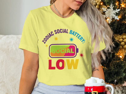 Zodiac Social Battery LOW Graphic T-Shirt Holiday