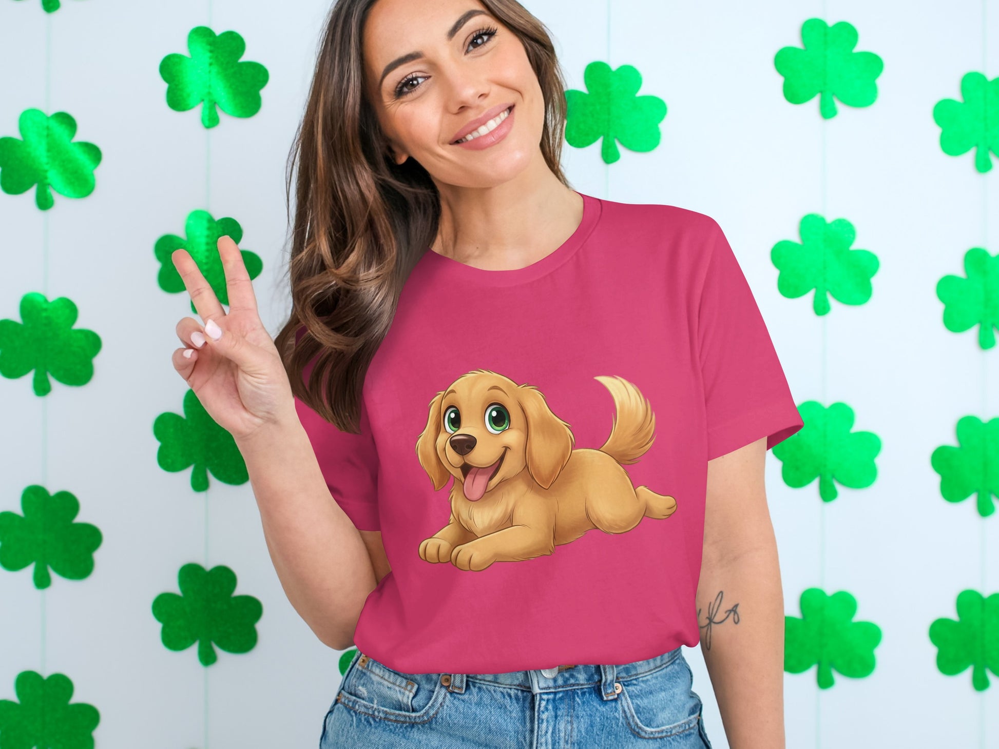 Playful Golden Puppy on Pink T-Shirt