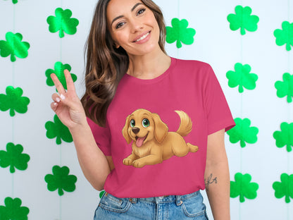 Playful Golden Puppy on Pink T-Shirt