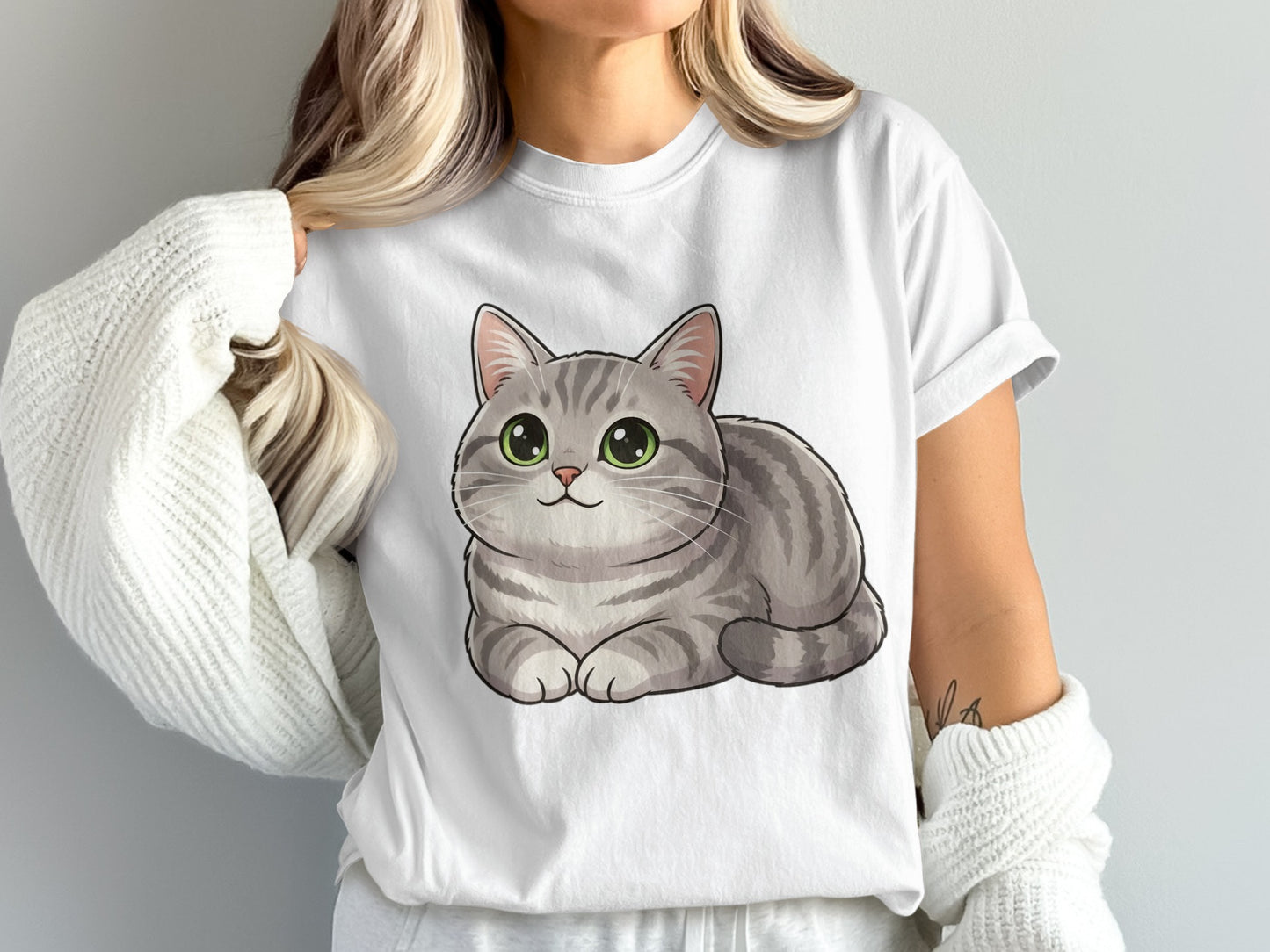 Cute Gray Cat T-Shirt, Cartoon Kitty Graphic Tee, Casual Women's Fashion, Soft Cotton Top