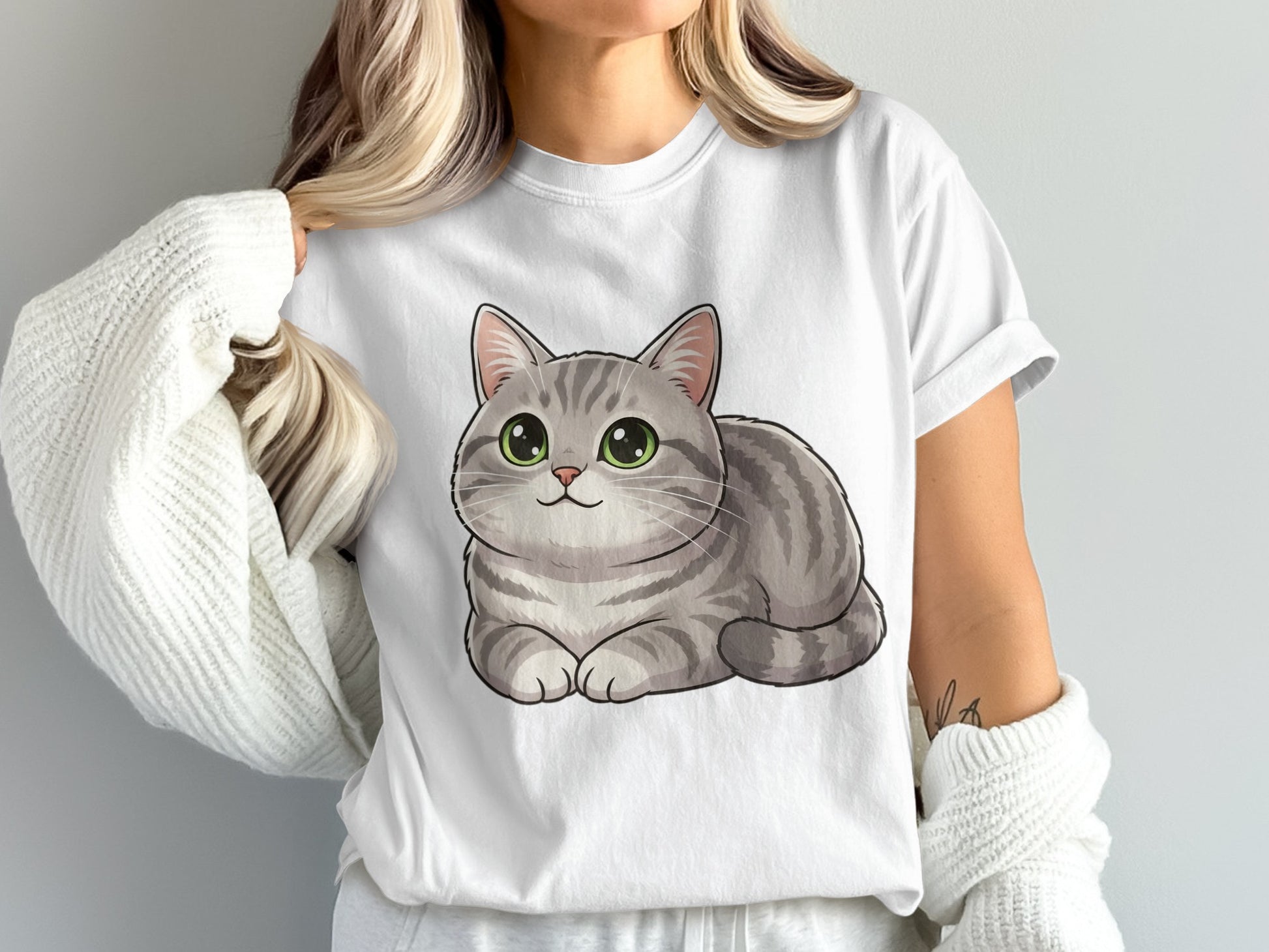Cute Gray Cat T-Shirt, Cartoon Kitty Graphic Tee, Casual Women's Fashion, Soft Cotton Top