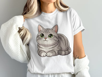 Cute Gray Cat T-Shirt, Cartoon Kitty Graphic Tee, Casual Women's Fashion, Soft Cotton Top