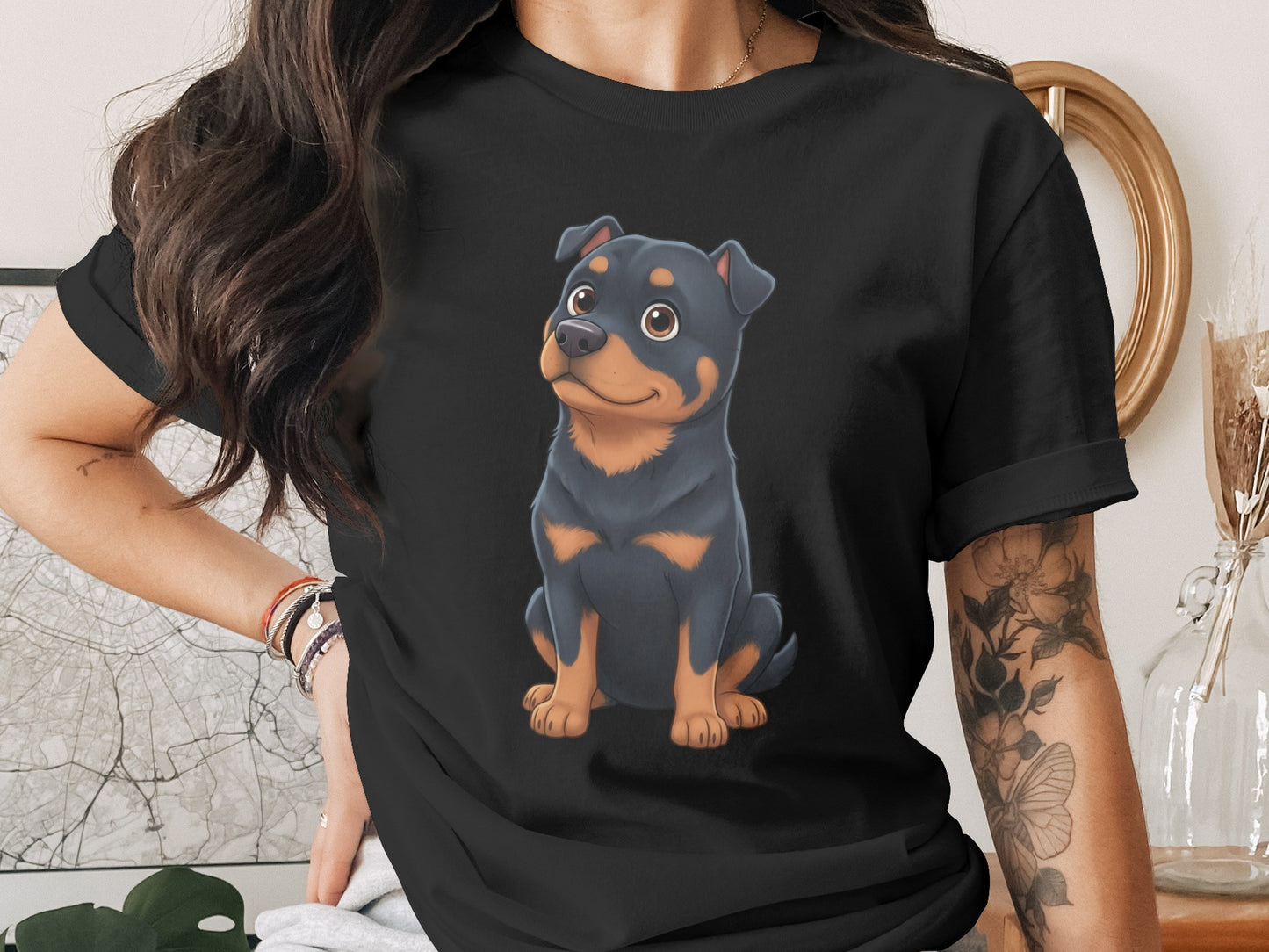 Cute Rottweiler Printed Graphic Black T-shirt
