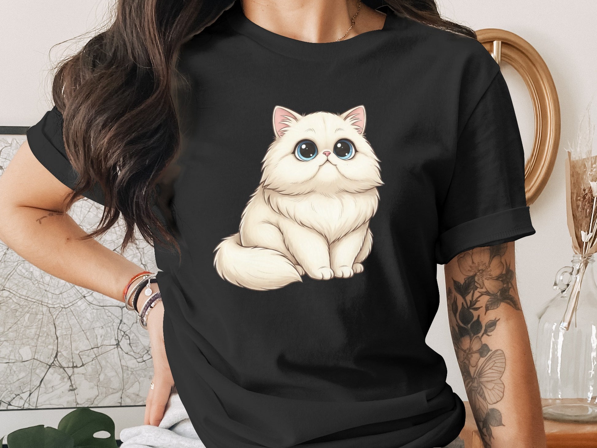 Cute Fluffy Cat Art Print on Casual T-Shirt product