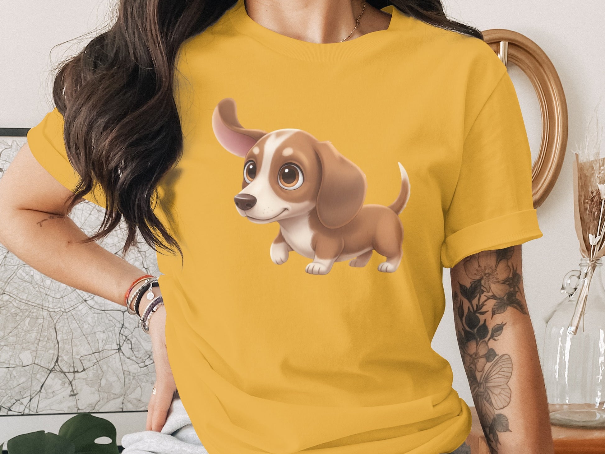 Cute Dachshund Cartoon Character Print T-shirt