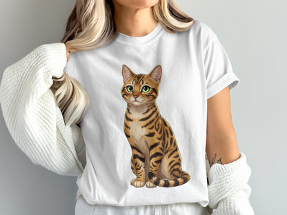 Women's White T-Shirt with Detailed Cat Print, Casual Comfortable Tee, Graphic Animal Shirt, Pet Lover Gift