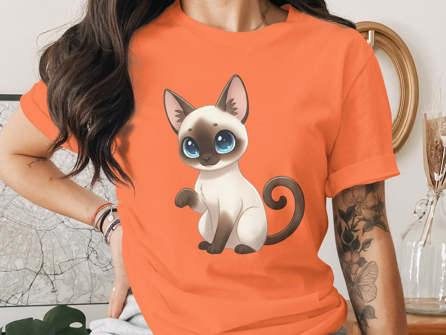 Cute Cartoon Siamese Cat Orange Graphic Tee