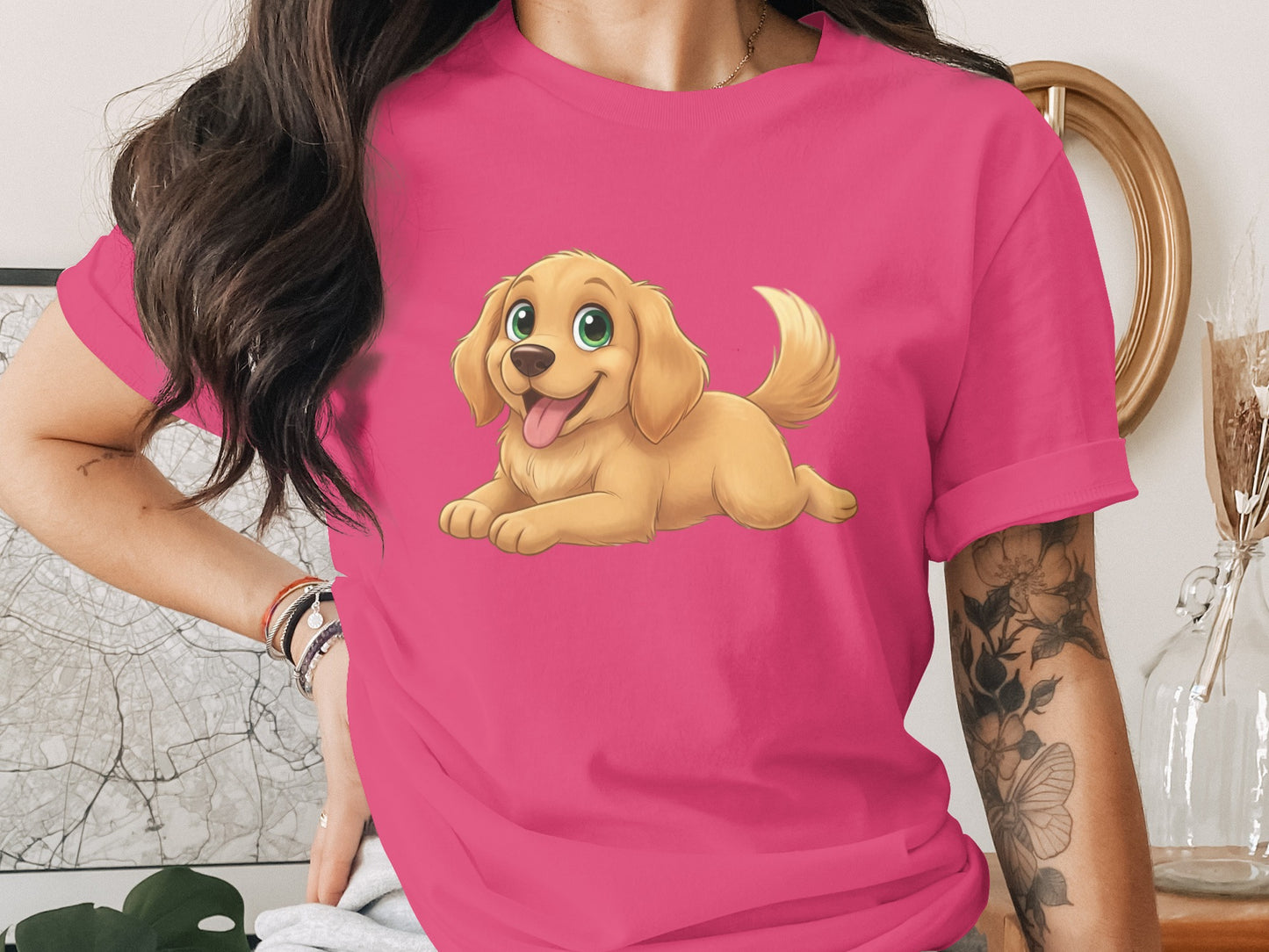 Cute Cartoon Golden Retriever Pink Shirt