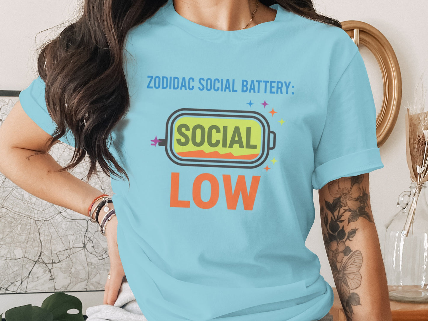 Zodidac Social Battery Social Low Funny Graphic T-Shirt