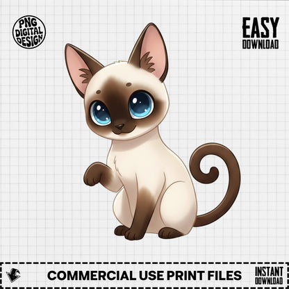 Cute Siamese Cat Digital Art, Cartoon Kitten PNG, Instant Download, Commercial Use, Pet Illustration for Crafts and Printing