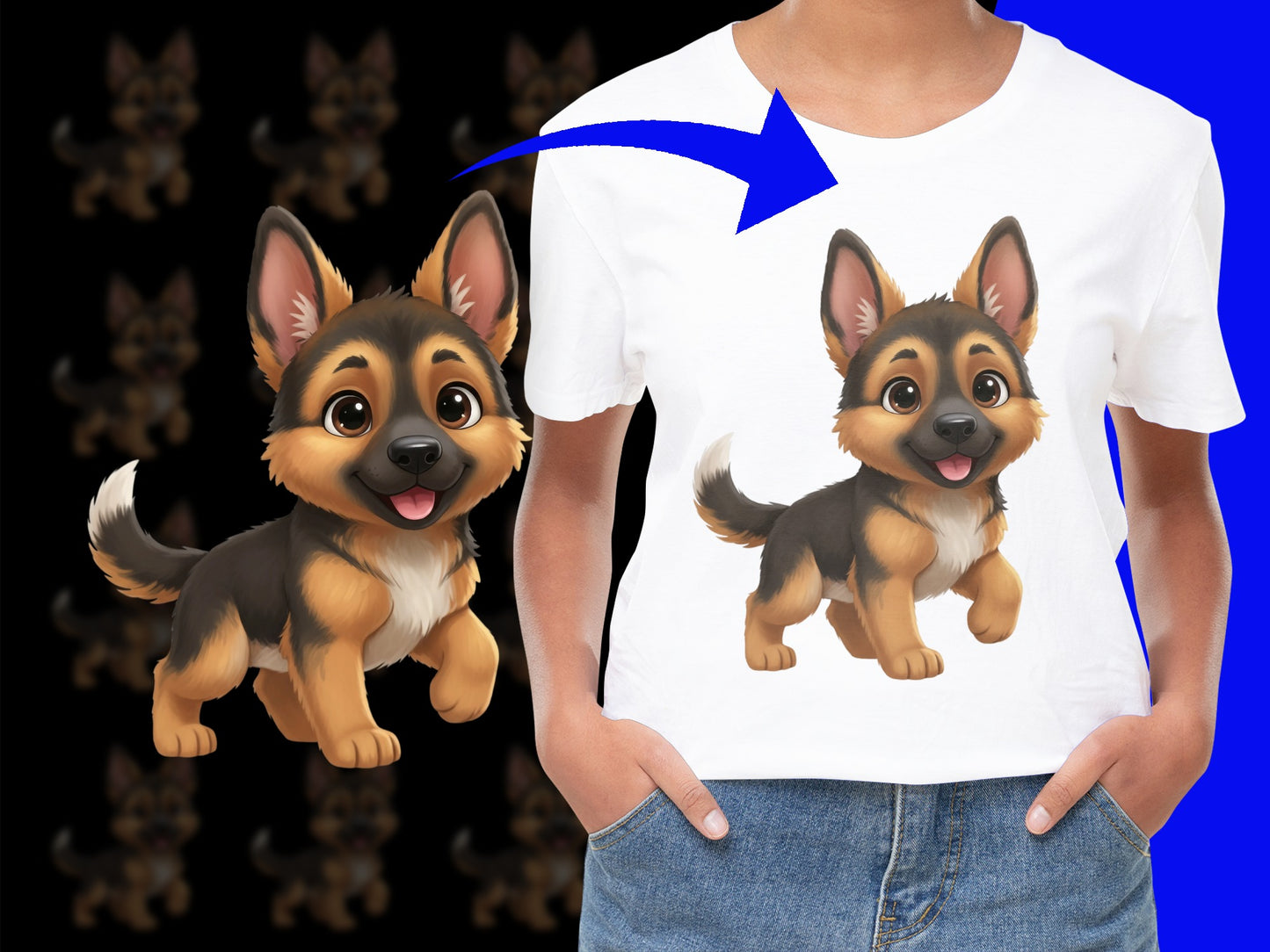 Cute German Shepherd Puppy T-Shirt, Cartoon Dog Graphic Tee, Kids and Adult Sizes Available