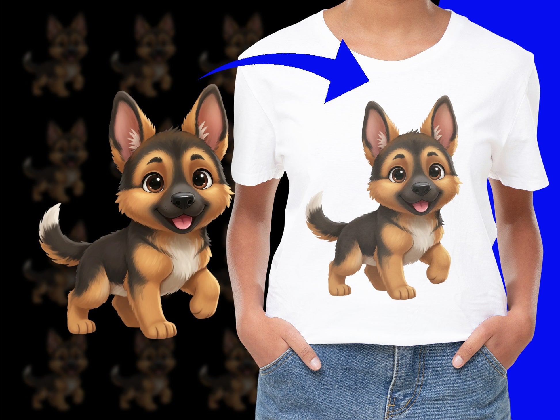 Cute German Shepherd Puppy T-Shirt, Cartoon Dog Graphic Tee, Kids and Adult Sizes Available