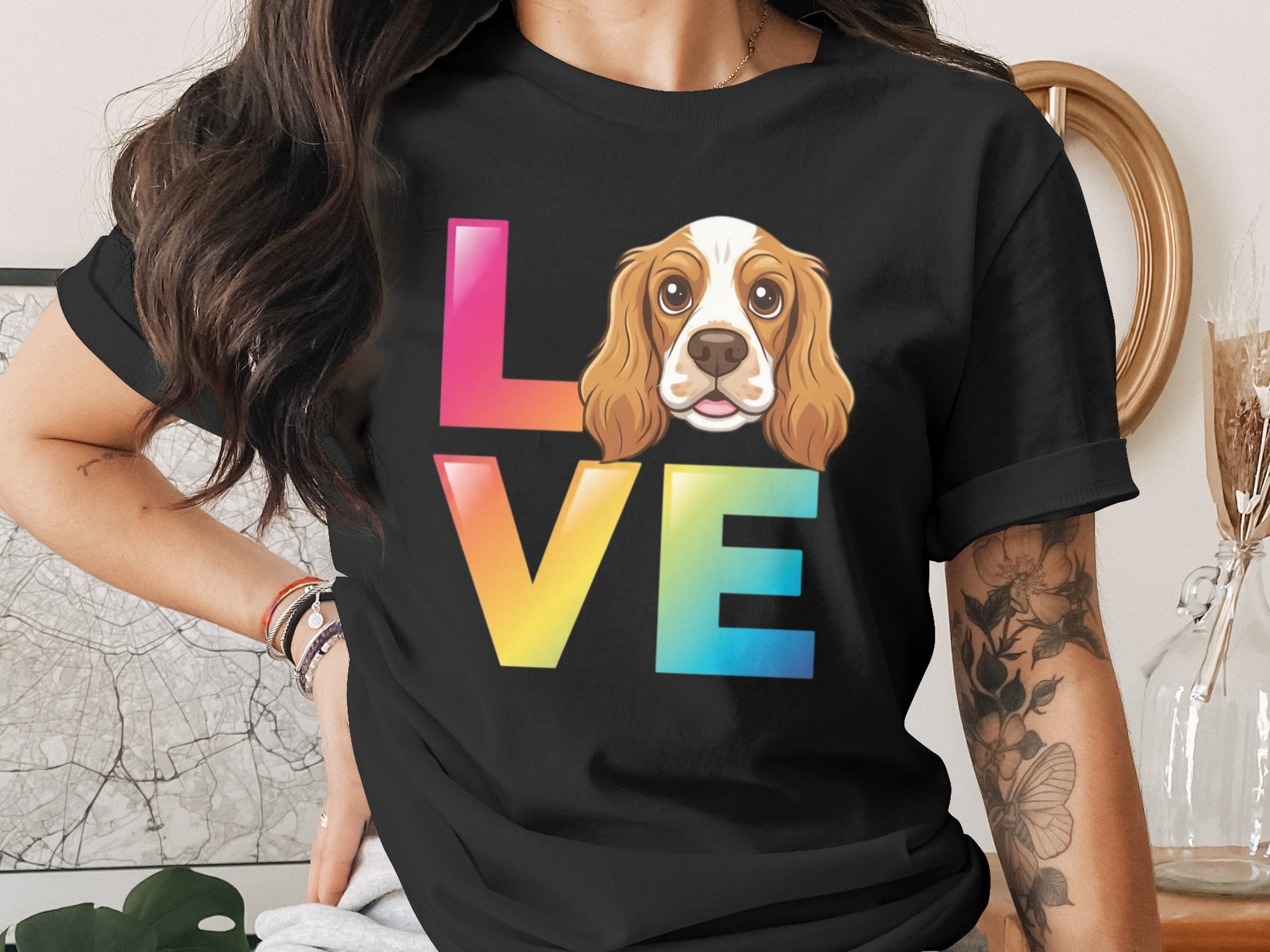 Colorful Love Dog Graphic Black T-Shirt product