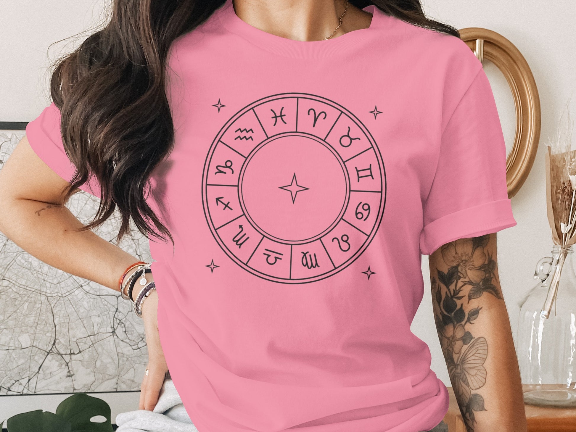 Pink Zodiac Signs Wheel T-Shirt for Astrology Lovers