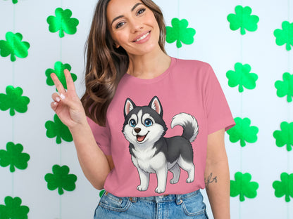 Cute Husky Dog Graphic Design on Pink Shirt Product